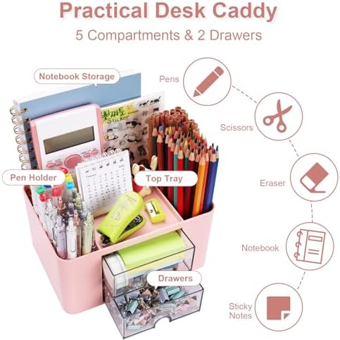 Meiikun Plastic Pen Organizer, Multifunctional Desk Organizer with 2 Drawers, 4 Compartments & a Top Tray, Pencil Holder Desktop Organizers and Accessories for Office, 7.7" x 5.5" x 3.9" (Pink) - Image 3