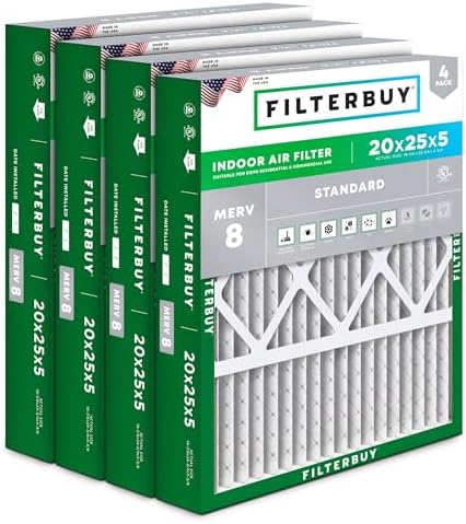Filterbuy 20x25x5 Air Filter MERV 8 Dust & Allergy Defense (4-Pack) by Filterbuy