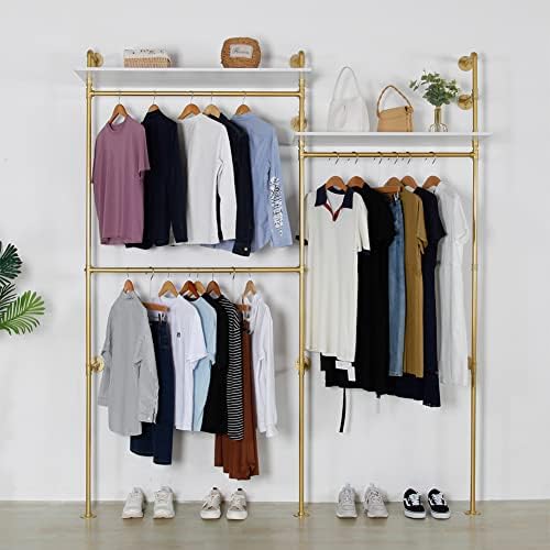 Industrial Pipe Clothing Rack Wall Mounted, Heavy Duty Hanging Clothes Rack Clothing Store Display Stands Garment Rack Closet System, 2 Tier Wood Garment Rack (Gold, 96.5x80.7inch) by EDCB