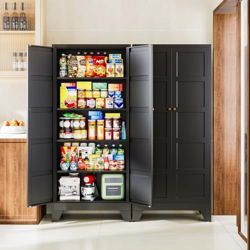 Letaya 72" H Metal Storage Cabinet with 2 Doors and 4 Shelves,Tall Kitchen Pantry Cabinets,Utility Pantry Organizers for Cupboard/Dining/Bathroom/Home Office/Garage (Black, 72" H x 18" D x 33.5" W) by LetayaMetalCabinets