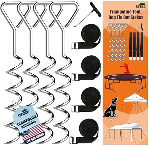 Eurmax USA 4-Pack Windproof Trampoline Stakes Anchor Kit-Steel Corkscrew Anchor,Heavy Duty Tie Down Kit with T-Hook&Reinforced Safety Straps,Secure Weatherproof Protection for Trampoline,Tent&Playset by Eurmax
