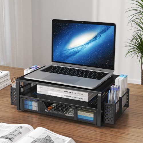 Simple Trending Monitor Stand with Drawer, 2-Tier Laptop Stand, Black - Image 5