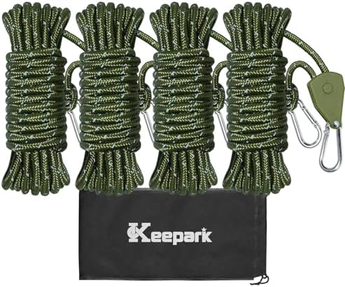 Camping Ropes Guy Line - Tarp Tie Down Ropes with Ratchet System, Pulley & Reinforced Metal Gear - Adjustable Heavy Duty Guy Lines for Canopy Tent, Quick Setup Outdoor Strap-4Pack - 6Pack by Keepark