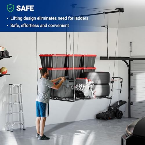 FLEXIMOUNTS Overhead Garage Storage Rack Lift, 4x4 Ft Heavy-Duty Garage Ceiling Storage Racks, Adjustable Organization System With 71'' L Axle, 350lbs Load Capacity, Flat Black - Image 5