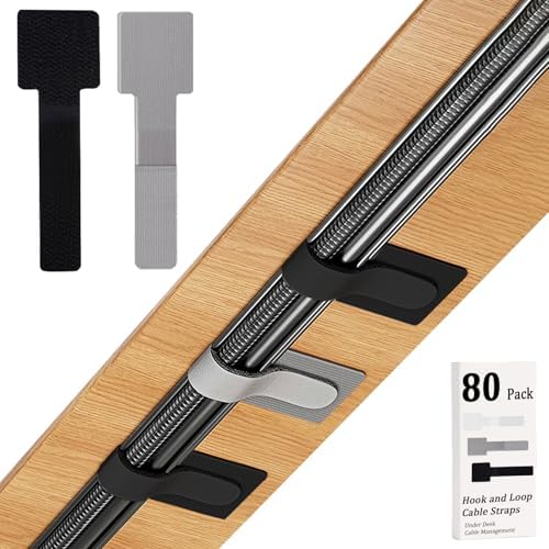 80PCS Hook and Loop Cable Straps, Cable Management Under Desk, Adhesive Cable Tie, Reusable Wire Organizer for Cords, Cord Management, Computer Accessories for Desk, Home Office Essentials, Black+Gray by Sereficy