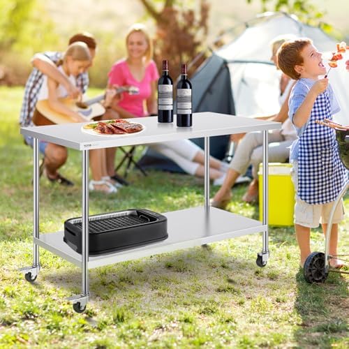 VEVOR Stainless Steel Work Table 30 x 60 x 38 Inch, with 4 Wheels, 3 Adjustable Height Levels, Heavy Duty Food Prep Worktable for Commercial Kitchen Restaurant, Silver - Image 2