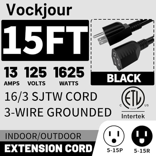 Vockjour 16/3 Black Indoor Outdoor Extension Cord 15 Ft Waterproof - Image 2