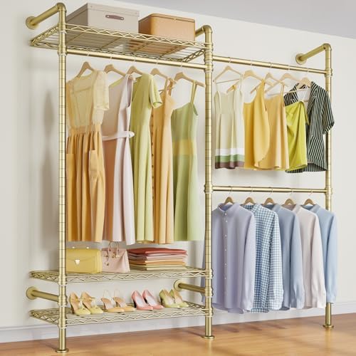 Timate F2 Industrial Pipe Clothes Rack Wall Mounted Clothing Rack for Hanging Clothes, Expandable Garment Rack Heavy Duty Wardrobe Closet Organizer and Storage, Adjustable Industrial Closet Kit, Gold by SturdyWallMountedClothesRack