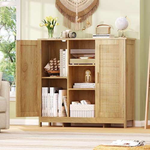 Iwell Rattan Storage Cabinet with 4 Adjustable Shelves, Coffee Bar Cabinet, Sideboard Buffet for Kitchen, Living Room, Entryway, Natural - Image 2
