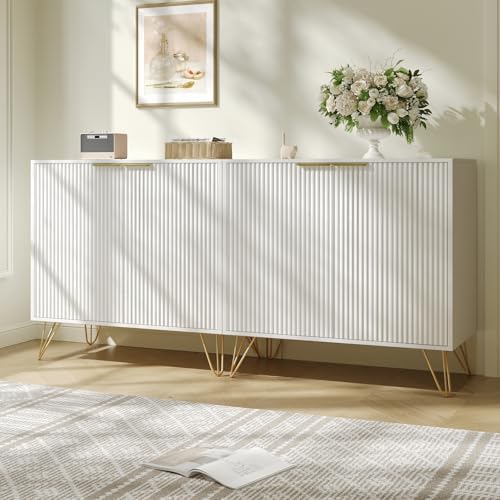 Storage Cabinet with 2 Fluted Doors and Adjustable Shelves, White, 2pcs丨Modern Wood Accent Table, Sideboard Buffet Cabinet, Console Table for Living Room, Hallway, Entryway - Image 3