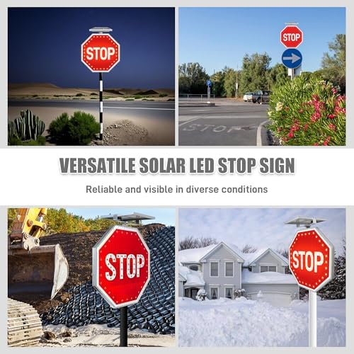 24" Solar Stop Sign with LED Flashing Lights, Traffic Street Road Stop Warning Sign Solar Powered with Aluminum Frame and Engineered Reflective film, High Visibility & IP65 Wateproof for Outdoor - Image 7