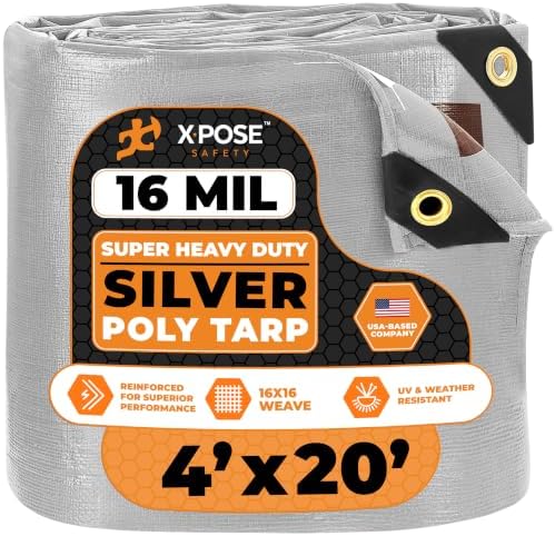4' x 20' Super Heavy Duty 16 Mil Silver/Brown Poly Tarp Cover - Thick Waterproof, UV Resistant, Rip and Tear Proof Tarpaulin with Grommets and Reinforced Edges - by Xpose Safety by XposeSafety