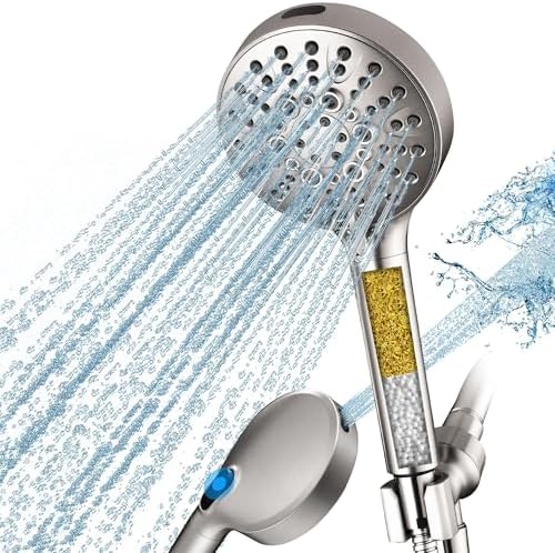 BRIGHT SHOWERS Filtered Shower Head with Handheld, High Pressure 9 Spray Mode Showerhead with Long Hose and Bracket, Water Softener Filters Beads for Hard Water - Removes Chlorine, Brushed Nickel by BRIGHTSHOWERS