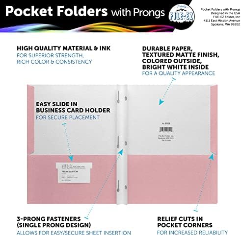 FILE-EZ Two-Pocket Folders with 3-Prong Fasteners, Pink Color, 25-Pack, Durable Textured Paper, Matte Finish, Letter Sheet Size (EZ-92590) - Image 2