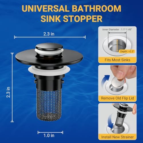Bathroom Sink Drain Strainer, Pop-Up Bathroom Sink Stopper with Removable Stainless Steel Hair Catcher Basket, Universal Fit for US Bathroom Sinks, Showers & Floor Drains (1pcs-Black) - Image 2