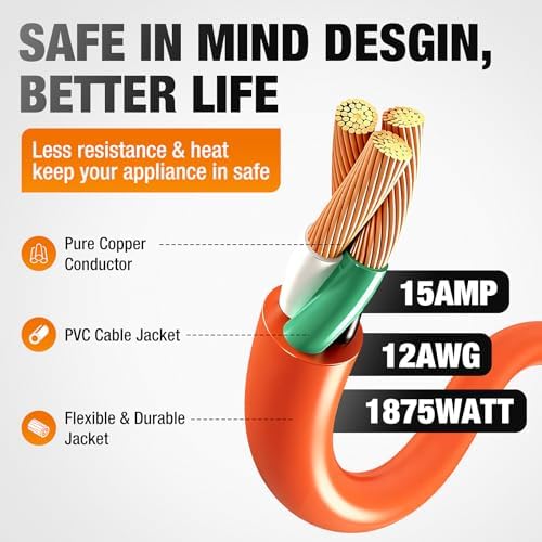 12/3 Gauge Outdoor Extension Cord 50 FT Heavy Duty Waterproof Orange - Image 2