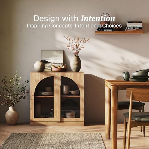 BELLEZE Bijou 31.5" Modular Sideboard Cabinet - Expandable Design with Arched Glass Doors - Use Solo or Combine for Buffet, Living Room Media Center & Entryway - 70lbs Capacity, Camel - Image 3