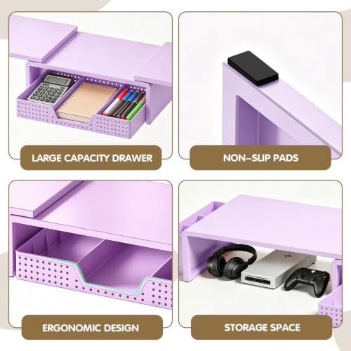 LEKETREE Dual Monitor Stand Riser with Drawer and 2 Pen Holders, Purple - Image 6