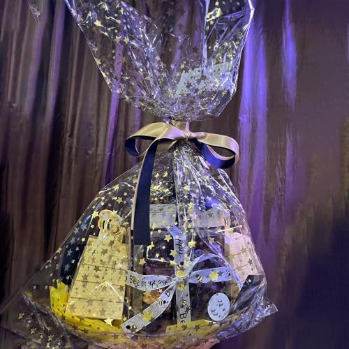 COQOFA 10 Pieces Large Cello/Cellophane Bags 16x 24 Inches Clear Basket Gift Bags Gold Star Printed OPP Plastic Cellophane Wrap for Baskets Gift Packaging with Gold Pull Bows - Image 2