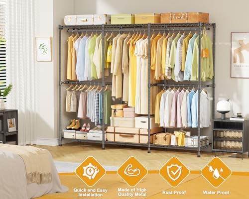 ULIFHOME E14 Pro Heavy Duty Clothes Rack，Freestanding Clothing Racks for Hanging Clothes，Adjustable Closet Organizers and Storage，Metal Garment Rack with Shelves 69"W x16"D x77"H，Max Load 960LBS，Grey - Image 4