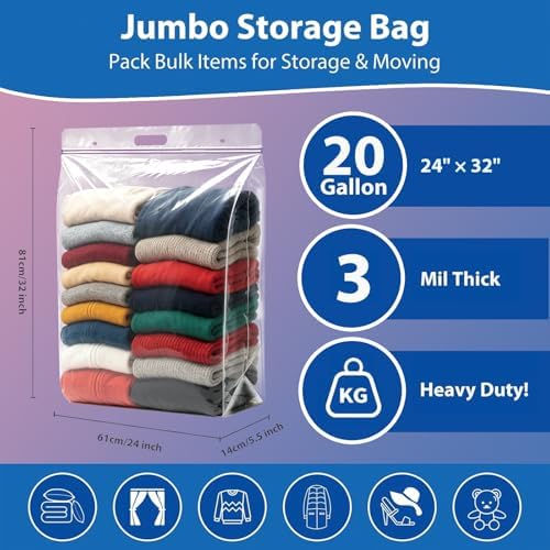 3Pack 24" x 32" 20 Gallon Jumbo Clear Plastic Storage Bag with Carry Handle - Image 2