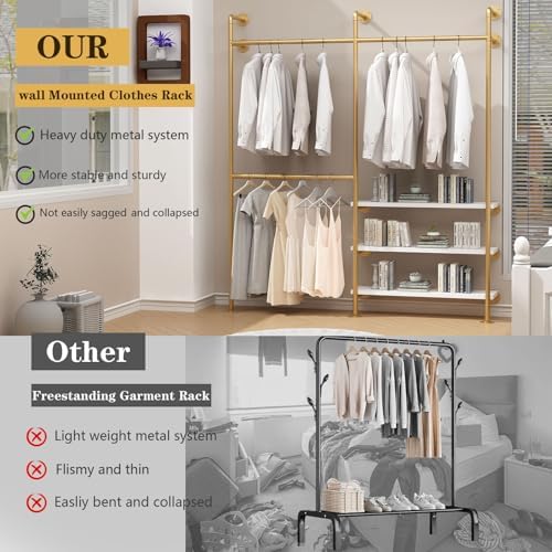 HOMEKAYT Industrial Pipe Clothes Rack with Shelves, Gold Clothing Rack Wall Mounted Heavy Duty Multi-Purpose Storage Clothes Hanging Shelf - 70.8''L Gold - Image 2