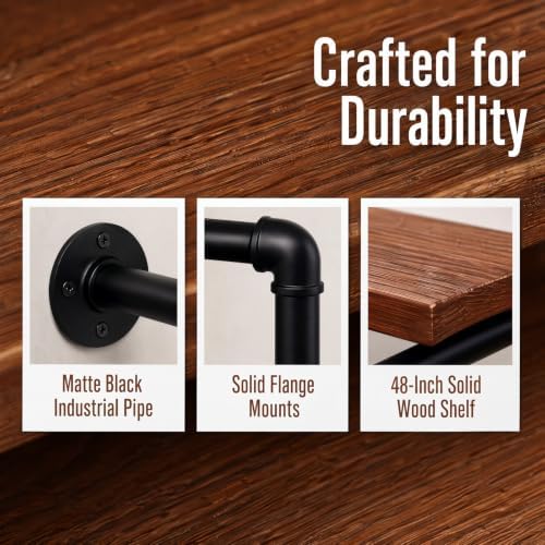 48 Inch Industrial Pipe Wall Clothing Rack with Shelves, Solid Wood, Black - Image 4