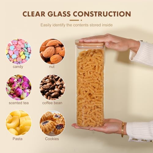 Glass Food Storage Jars 76 oz Set of 3,Glass Storage Containers Clear Glass Food Canister with Bamboo Lid Airtight For Serving Tea, Coffee, Flour, Sugar, Candy, Cookie, Spice and More (Square) - Image 2