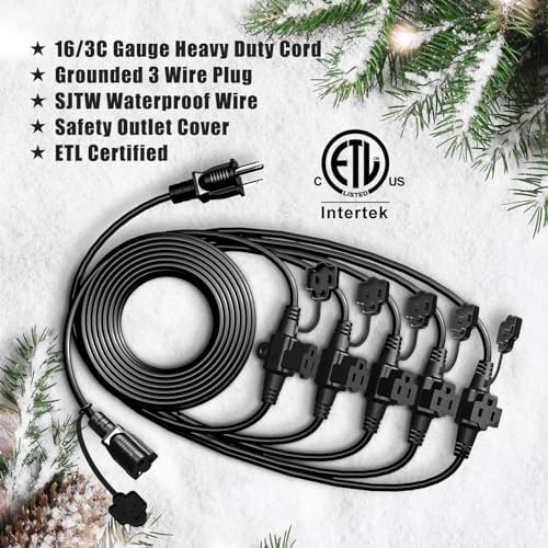 Eversimpleinc Black Outdoor Extension Cord with Multiple Outlets, (50FT 6 Outlets) Evenly Spaced with Weatherproof Cover, Ideal for Christmas Decoration Patio, 16AWG/3C SJTW, ETL Listed - Image 3