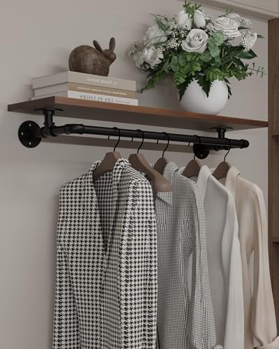 Clothes Rack 36in, Wall Mounted Garment Rack with Real Walnut Wood Shelf, Heavy Duty Hanging Clothes shelf, Multi-Purpose Hanging Rod, Space-Saving Closet Storage (Walnut, 1T36IN) by INDUSTRIALSHELVESDESIGN