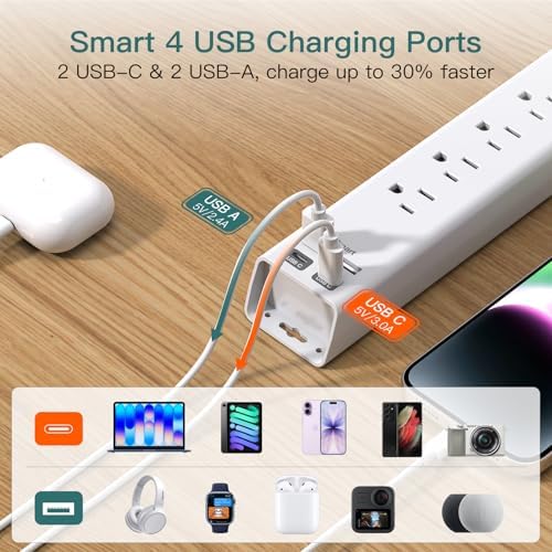 25ft Extra Long Power Strip Surge Protector, 6 Outlets and 4 USB Ports - Image 4