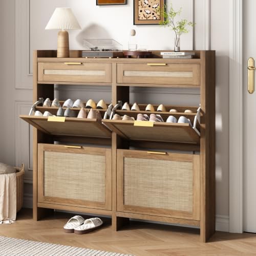 HOKYHOKY Large Rattan Shoe Storage Cabinet with 4 Flip Drawers & 2 Storages by HOKYHOKY