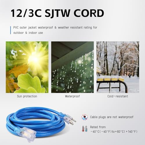 EP 10 Ft 12/3 SJTW Lighted Outdoor Extension Cord, Blue - Image 6