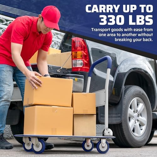 Heavy Duty Foldable Push Cart Dolly | 330 lbs. Capacity | Upgraded Collapsible Hand Truck Folding Platform with Swivel Wheels | Flat Bed Moving Wagon | Space Saving Push Handle (Blue) - Image 4