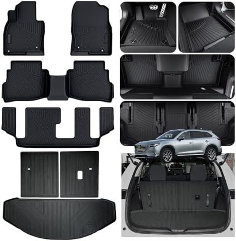 Floor Mats & Trunk Mat & Backrest Mat for 2016-2022 2023 Mazda CX9 CX-9 7 Seats (Only Fit Sport Version),TPE All Weather Protection Car Floor Liners with Cargo Liners by ASINRI