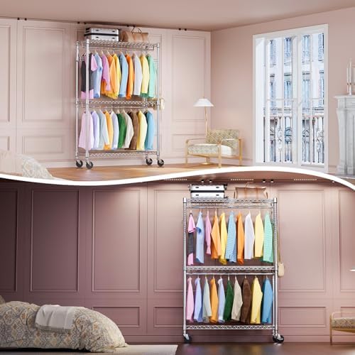 IZEUK Heavy Duty Rolling Garment Rack Wire Clothes Rack for Hanging Clothes (Chrome, 3 Tier with 2 Rod, 15.7" D x 45.3" W x 79.6" H) - Image 5