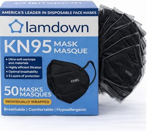 (50-Pack) KN95 Face Masks, Individually Wrapped, Premium Disposable Dust Mask, Black by Lamdown