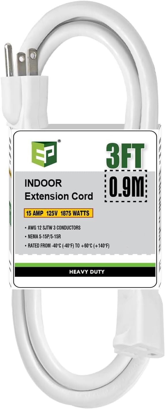 EP 3 Ft Indoor Extension Cord, 12/3 SJTW Heavy Duty Extension Cable by ENERGYPRO