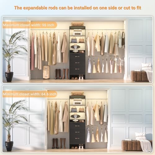 Besiost 96'' Closet Organizer System with 3 Hanging Rods, 8FT Closet Organizers and Storage with 3 Wooden Drawers, Built in Closet Organizer Systems, Adjustable Walk-in Wardrobe from 5-8FT, Black - Image 5