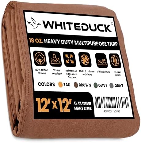 WHITEDUCK Canvas Tarp 18 oz. Heavy Duty Water Repellent UV Resistant, Rustproof Grommets, Industrial & Commercial Use Cloth Tarp (Cut Size: 12'x12', Finished Size: 11'6"x11'6", Brown) by WHITEDUCK