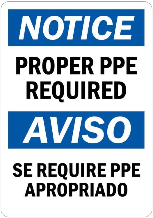 StickerJet Bilingual NOTICE OSHA-Style PPE Sign, Proper PPE Required, English/Spanish Self-Adhesive Waterproof Vinyl Signs, 5" x 7", Pack of 5 by STICKERJET