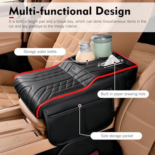 Car Center Console Cover, Waterproof Leather Multifunctional Armrest Booster Pillow with 2 Storage Bags Cup Holder, Tissue Box Slot, Universal for Most Cars with Pack of Tissues (Black & Red) - Image 4