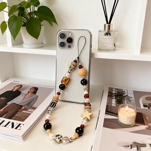2 Pcs Phone Charm Strap Universal Hand Phone Wrist Strap Camera Lanyard Pearl Beaded Cute Chain String Accessories Universal for iPhone 17 16 Pro Max Samsung Women Girls Keychain Brown and White Star - Image 2
