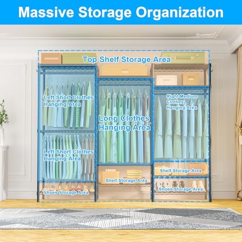 Ulif E13 Heavy Duty Clothes Rack（With 4 Hanger Rods & 8 Shelves） Freestanding Clothing Racks for Hanging Clothes，Adjustable Closet Organizer，Metal Garment Rack 63" W x16 D x77 H，Max Load 900LBS，Black - Image 3