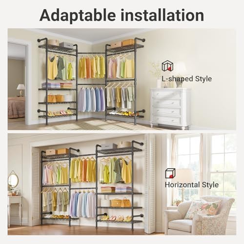 Timate L3 L Shape Garment Rack Heavy Duty Clothes Rack for Hanging Clothes, Expandable Industrial Pipe Wall Mounted Clothing Rack, Adjustable Corner Closet Wardrobe Closet Kit Closet Systems, Black - Image 2