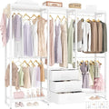 Aheaplus Garment Rack Heavy Duty Clothes Rack for Hanging Clothes,Clothing Rack with Drawers, Wood Stoarge Shelf Freestanding Closet Wardrobe Rack, Corner L Shaped Closet System Organizers, W3,White by Aheaplus