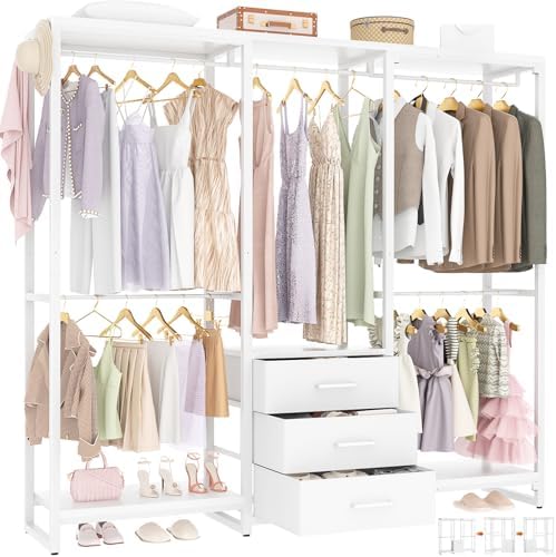 Aheaplus Garment Rack Heavy Duty Clothes Rack for Hanging Clothes,Clothing Rack with Drawers, Wood Stoarge Shelf Freestanding Closet Wardrobe Rack, Corner L Shaped Closet System Organizers, W3,White by Aheaplus