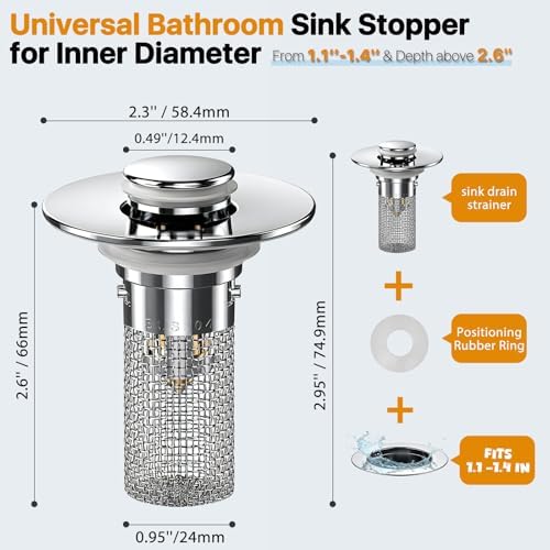 4Pack Bathroom Sink Drainer Hair Catcher, Pop Up Sink Drain Stopper with Filter Basket, Universal Drain Plug for Sink Drain, Stainless Steel Sink Drain Cover with Basket for Bathroom Stopper - Image 2