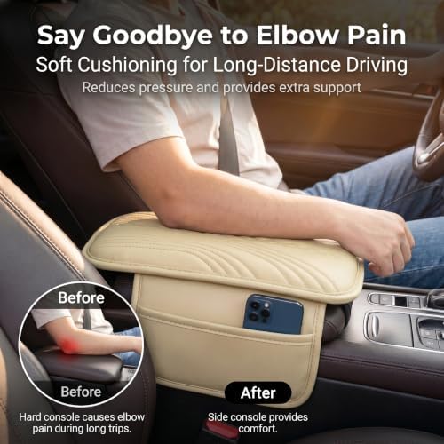 Car Center Console Armrest Pad, Leather Texture Armrest Cover with 2 Storage Pockets, Breathable Wear-Resistant Console Protector Cushion, Universal for Most Cars SUVs Trucks (Beige) - Image 5