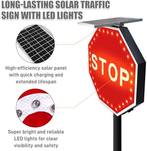 24" Solar Stop Sign-LED Solar Powered Flashing Stop Sign, Heavy Duty Blinking Road Traffic Stop Warning Signs with Aluminum Frame & Engineered Reflective Film, IP65 Wateproof for Street Driveway Outdoor - Image 2